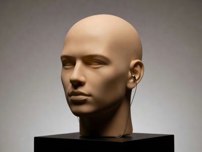 Sculpted acoustic dummy head with miniature omnidirectional capsules mounted inside molded silicone ears