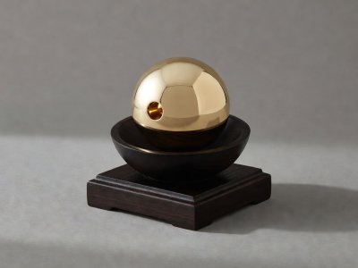 Polished hollow brass Helmholtz resonator sphere resting on a dark wooden stand