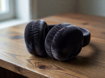 Shallow-depth close-up of plush circumaural headphone cushions resting on an oak desk